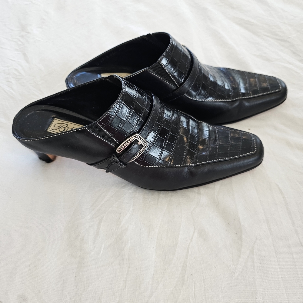 BRIGHTON Tiana Slip On Black Leather Mules Shoes Silver Buckle 6M